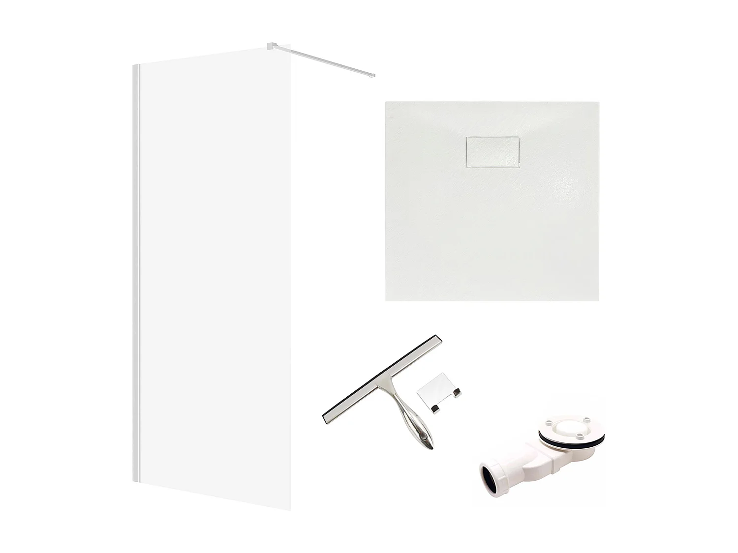 Receveur de douche VIDAR 90x90 Carré Blanc + Paroi de douche à l'italienne KETIL Chrome 90x195 Verre transparent + Raclette de douche