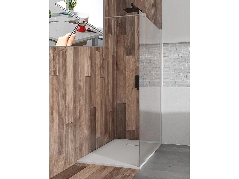 Receveur de douche VIDAR 90x90 Carré Blanc + Paroi de douche à l'italienne KETIL Chrome 90x195 Verre transparent + Raclette de douche