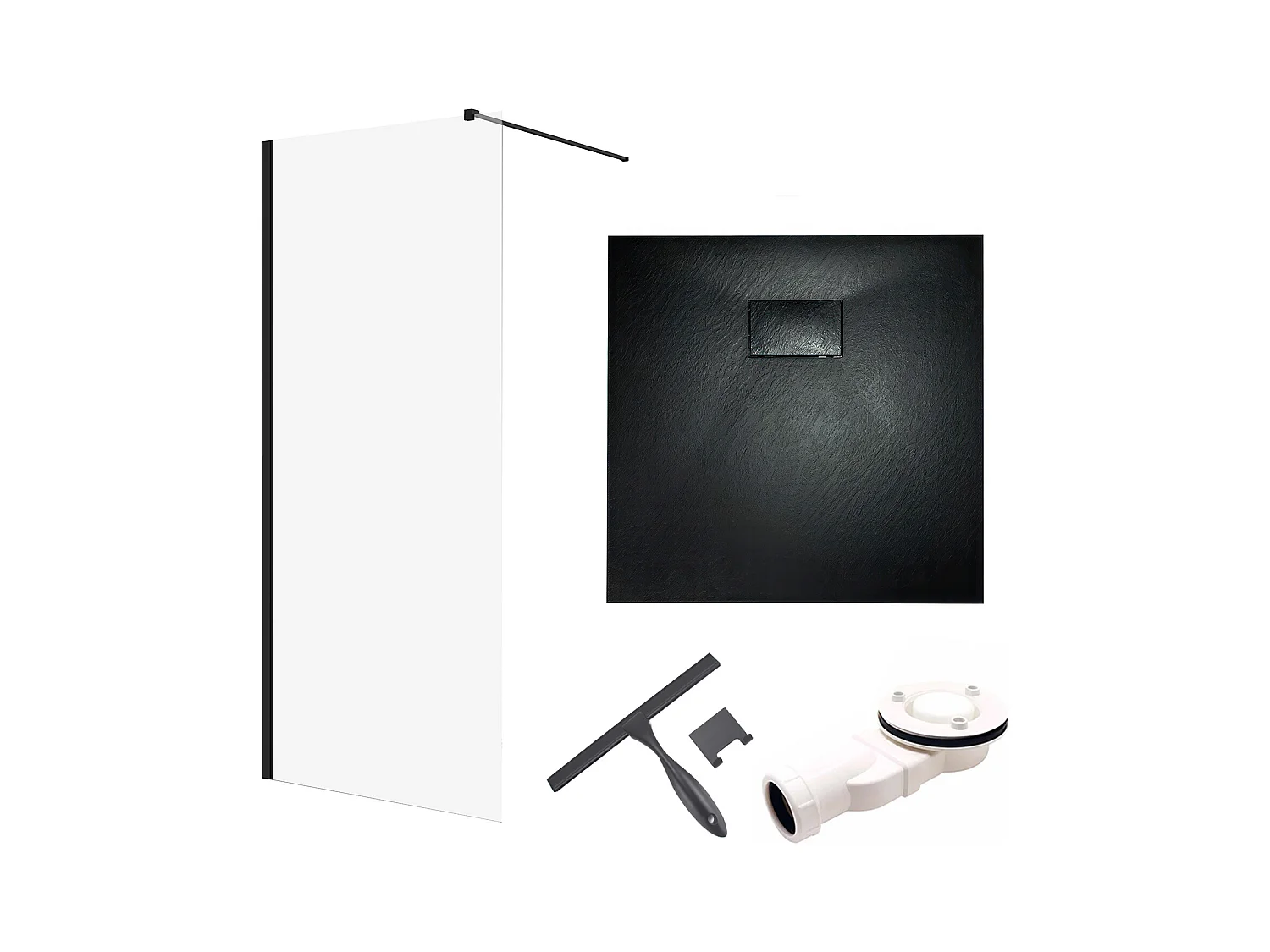 Receveur de douche VIDAR 90x90 Carré Noir + Paroi de douche à l'italienne KETIL Noir 90x195 Verre transparent + Raclette de douche