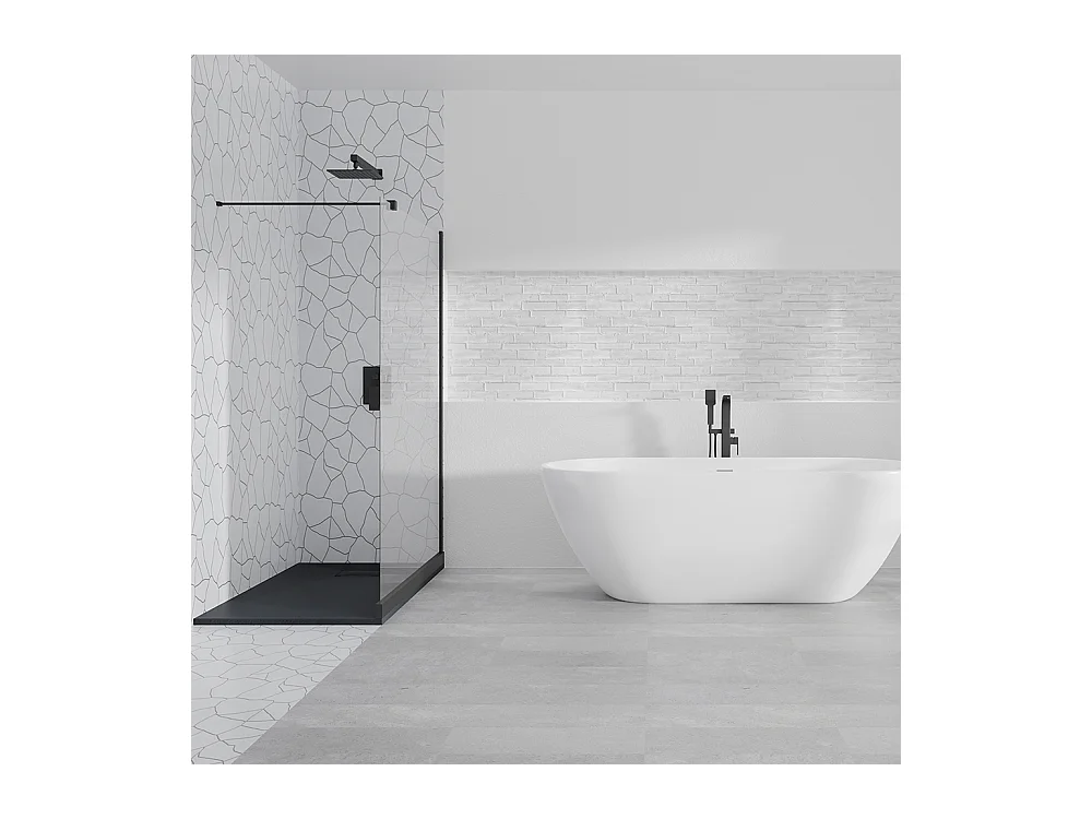 Receveur de douche VIDAR 90x90 Carré Noir + Paroi de douche à l'italienne KETIL Noir 90x195 Verre transparent + Raclette de douche