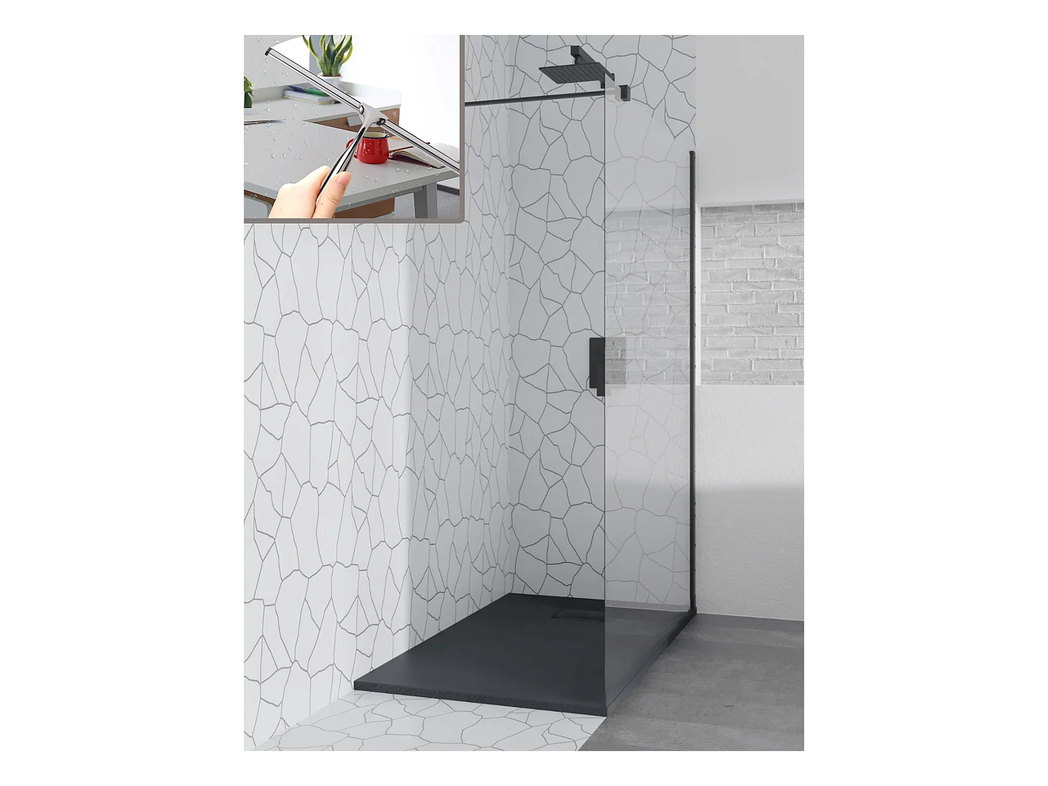 Duschwanne VIDAR 90x90 Quadratisch Schwarz + Walk-In Duschwand KETIL Schwarz 90x195 Transparentes Glas + Glaswischer
