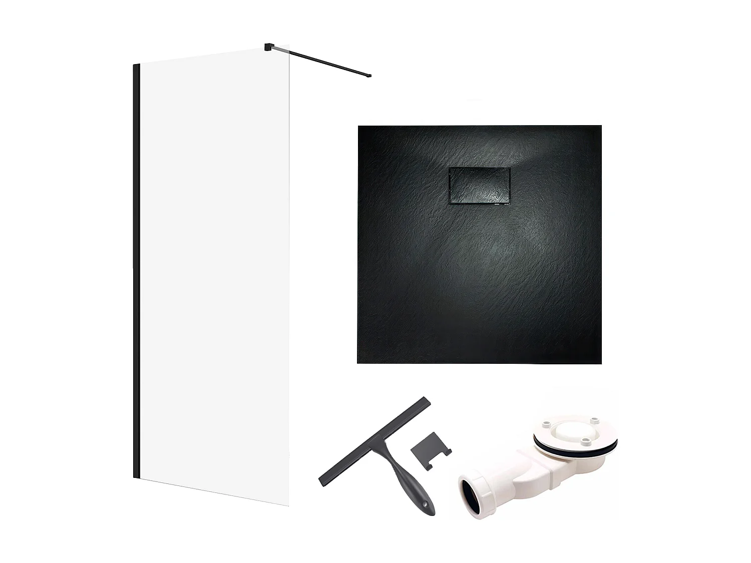 Receveur de douche VIDAR 90x90 Carré Noir + Paroi de douche à l'italienne KETIL Noir 90x195 Verre transparent + Raclette de douche