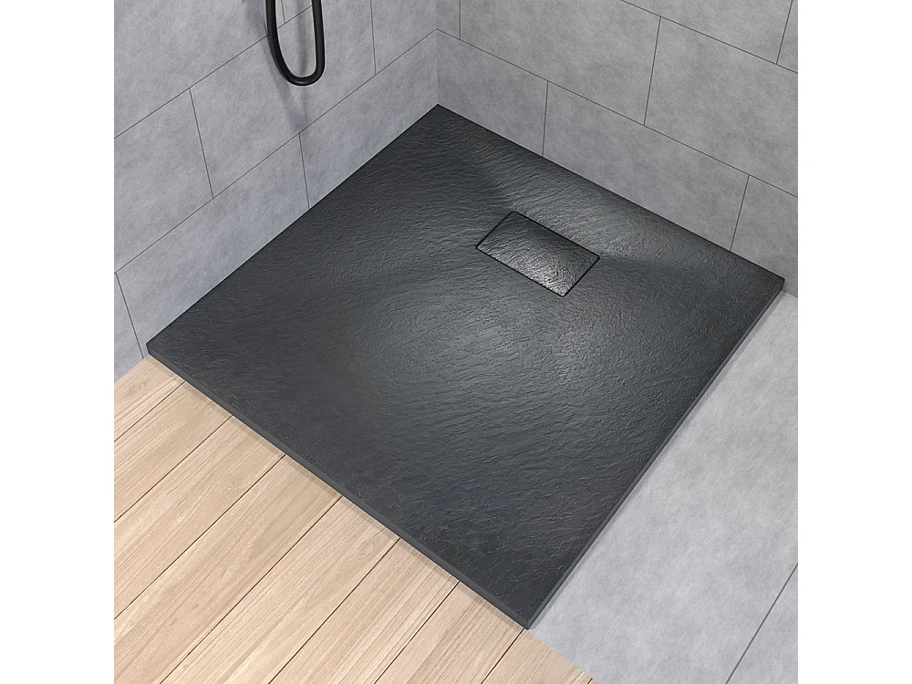 Receveur de douche VIDAR 90x90 Carré Noir + Paroi de douche à l'italienne KETIL Noir 90x195 Verre transparent + Raclette de douche