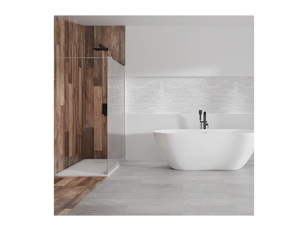 Receveur de douche VIDAR 80x100 Rectangle Blanc + Paroi de douche à l'italienne KETIL Chrome 100x195 8 mm Transparent Nano Verre