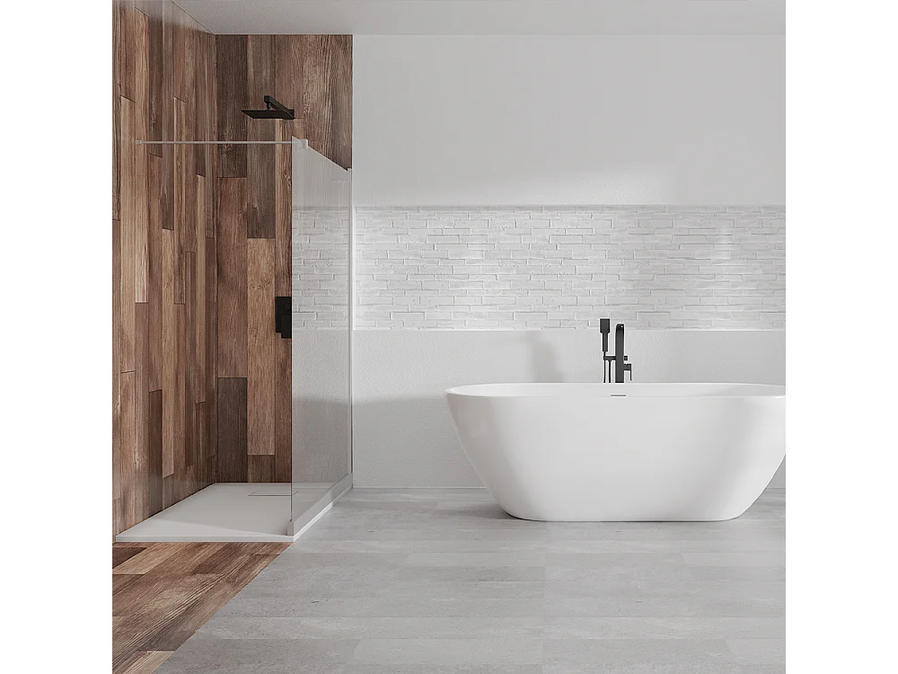 Receveur de douche VIDAR 80x100 Rectangle Blanc + Paroi de douche à l'italienne KETIL Chrome 100x195 Verre transparent + Raclette de douche