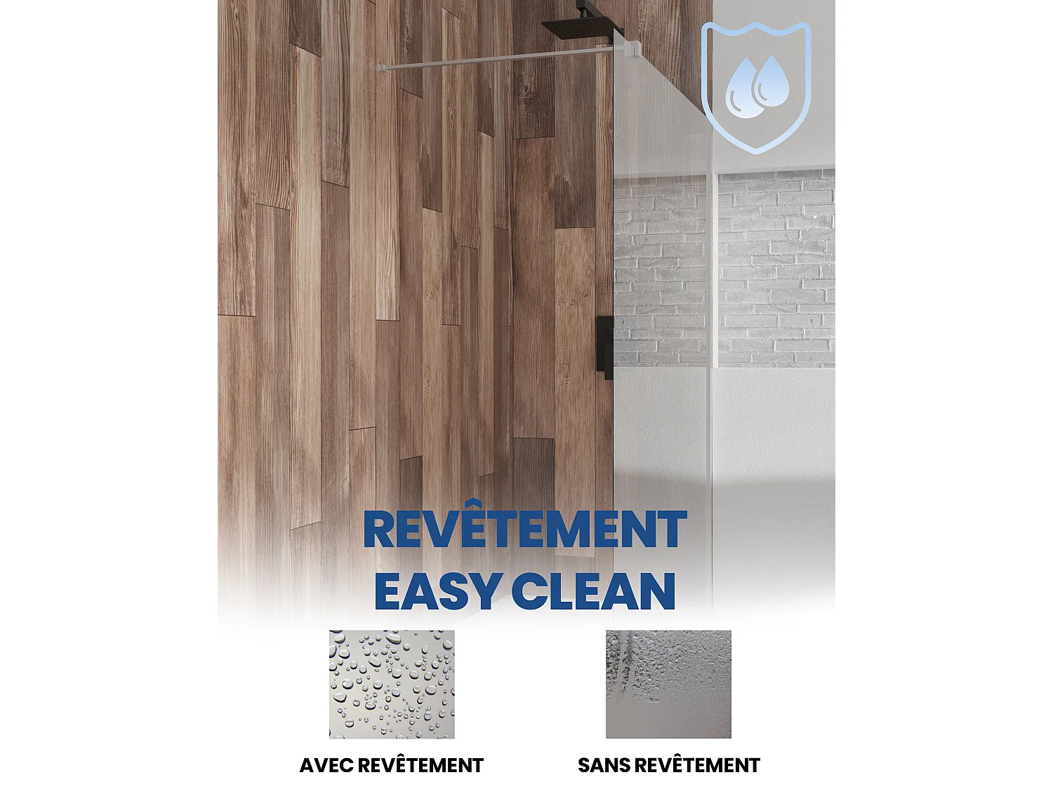 Receveur de douche VIDAR 80x100 Rectangle Blanc + Paroi de douche à l'italienne KETIL Chrome 100x195 Verre transparent + Raclette de douche