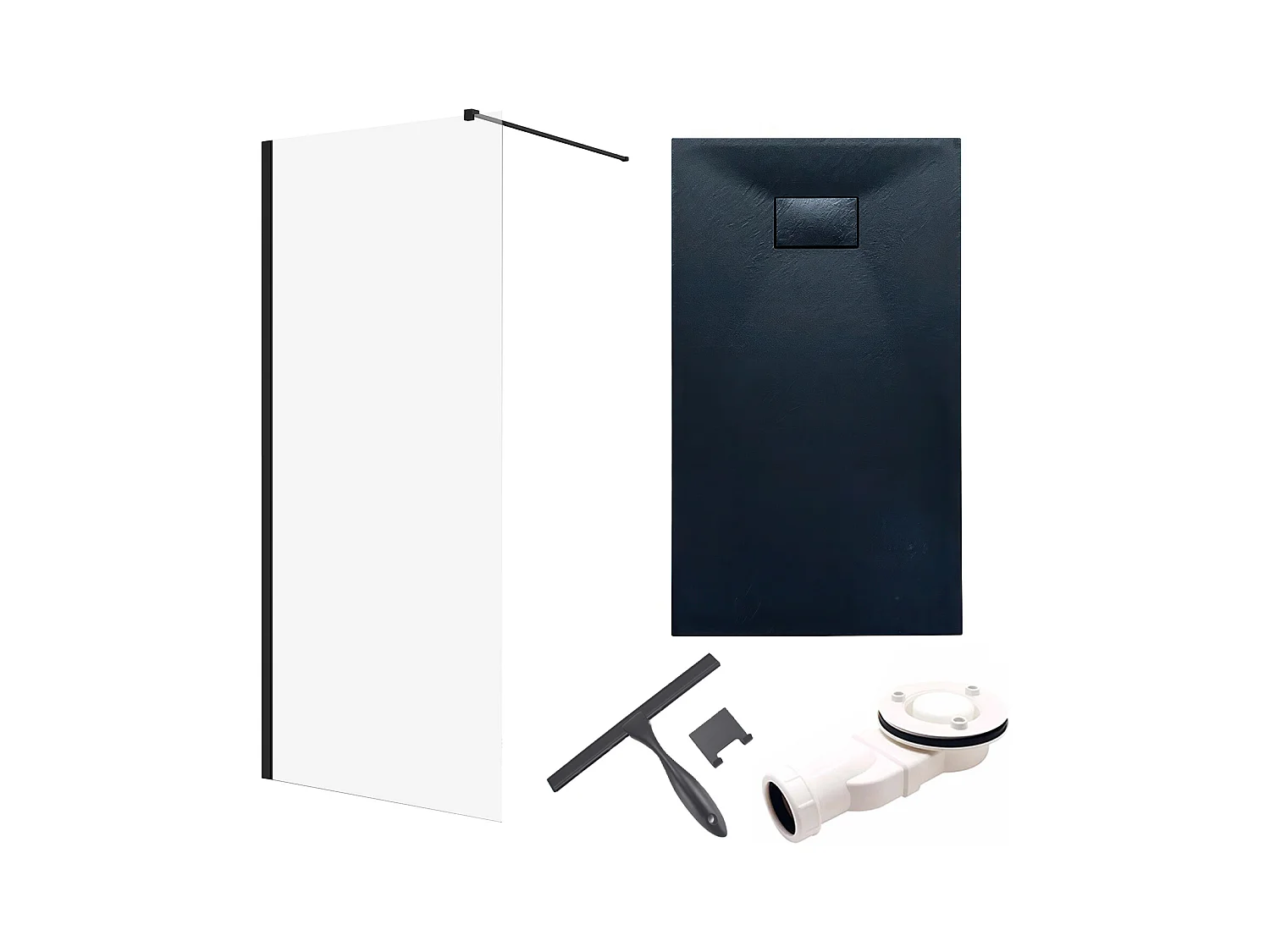 Receveur de douche VIDAR 90x120 Rectangle Noir + Paroi de douche à l'italienne KETIL noir 120x195 8 mm Transparent Verre + Raclette de douche