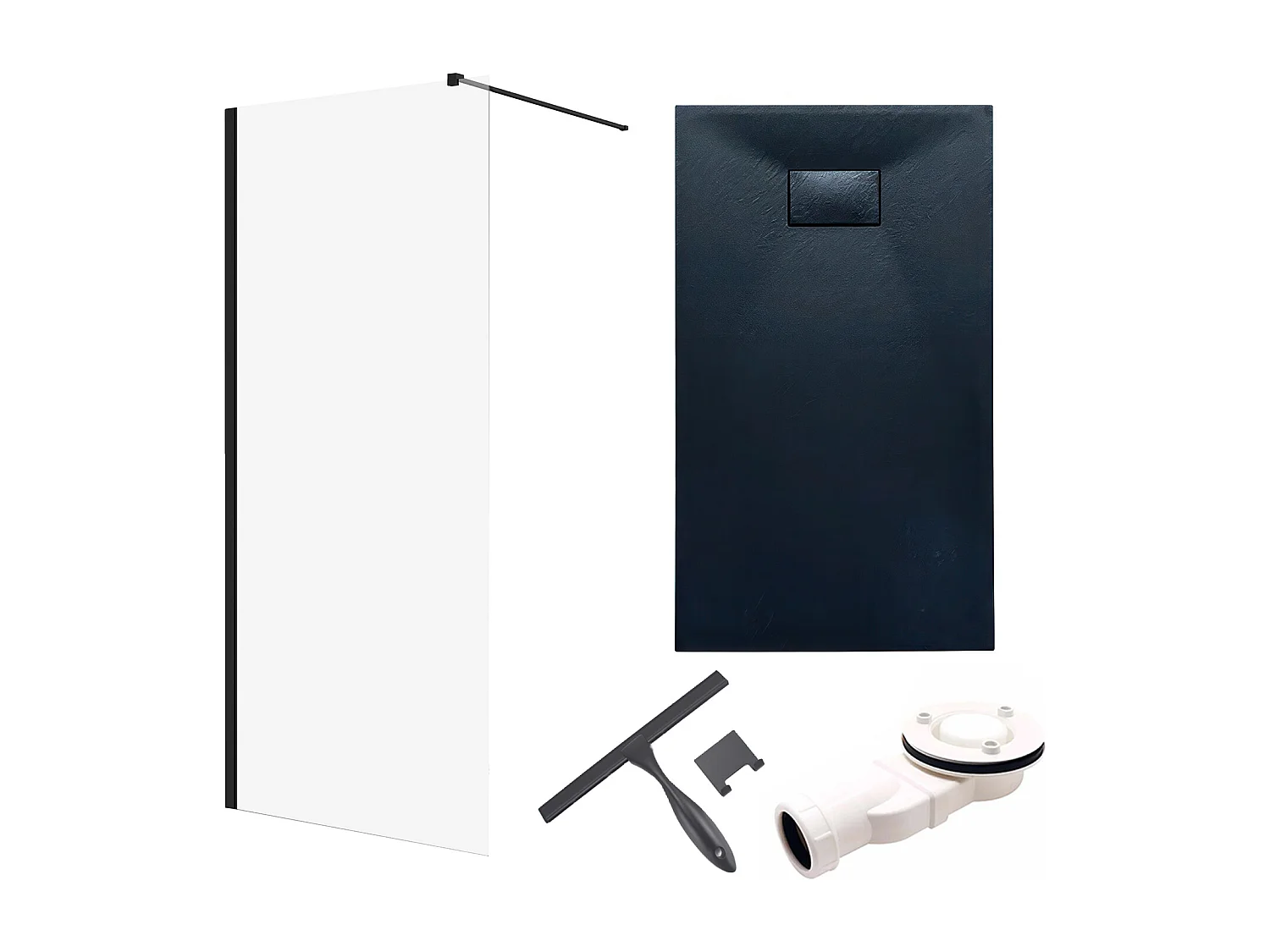 Receveur de douche VIDAR 90x120 Rectangle Noir + Paroi de douche à l'italienne KETIL noir 120x195 8 mm Transparent Verre + Raclette de douche