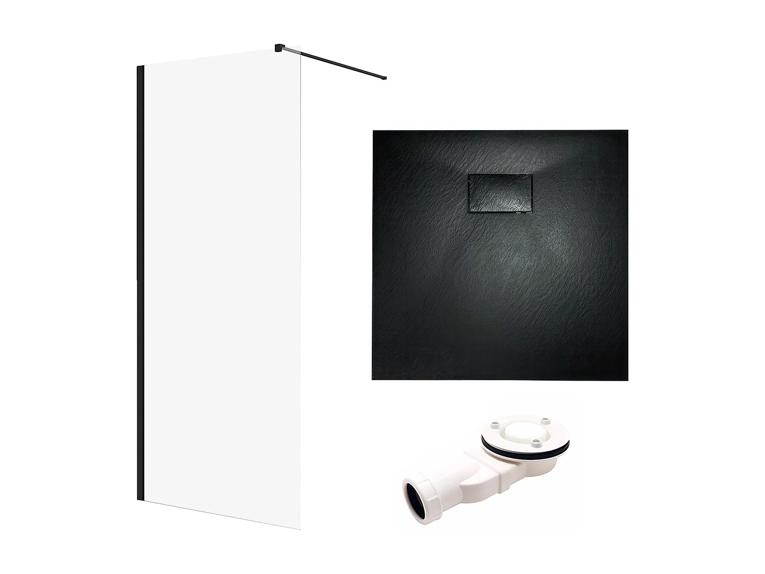 Duschwanne VIDAR 80x80 Quadratisch Schwarz + Walk-In Duschwand KETIL Schwarz 80x195 8 mm Transparent Nano-Glas