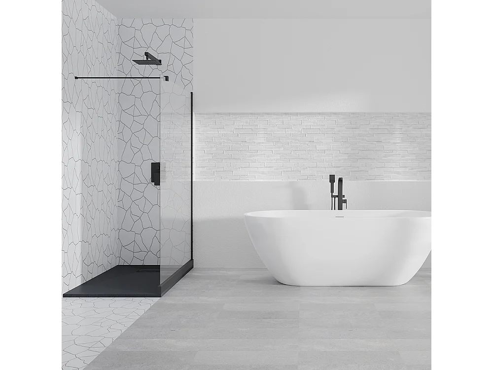 Duschwanne VIDAR 120x80 Rechteck Schwarz + Walk-In Duschwand KETIL Schwarz 100x195 Transparent Nano-Glas