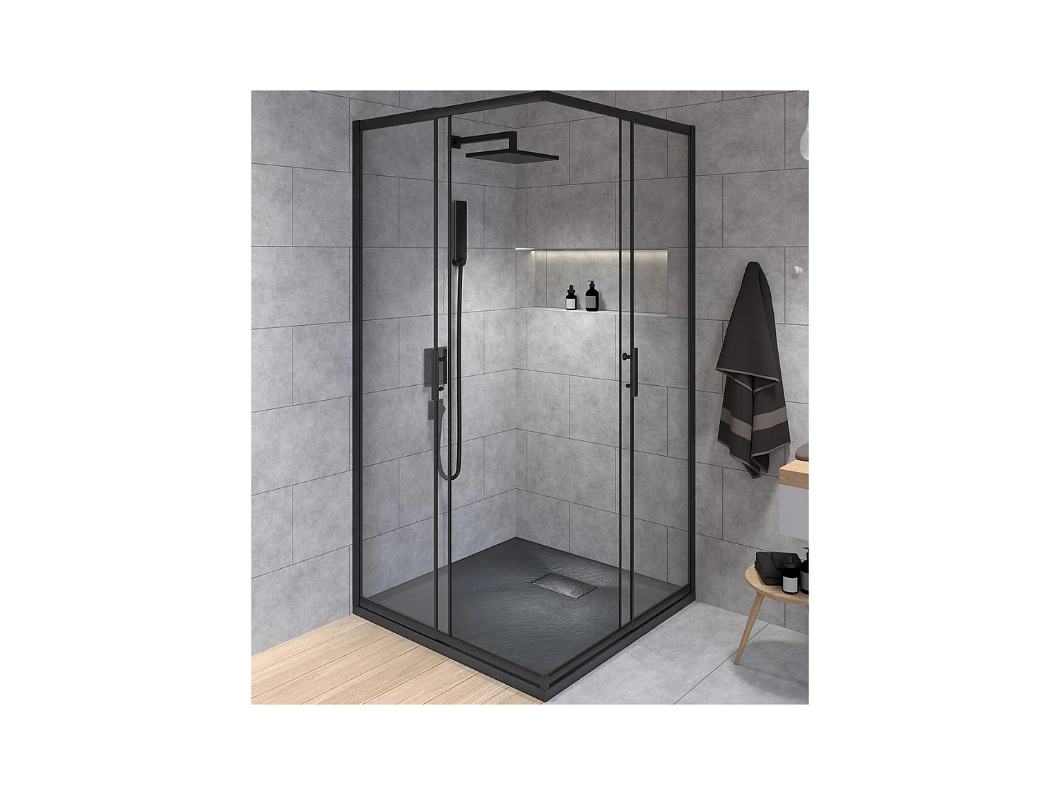 Receveur de douche VIDAR 90x90 cm Noir + Cabine de douche Carrée HELA 90x90 190 cm Noir Nano-Verre Transparent Trempé