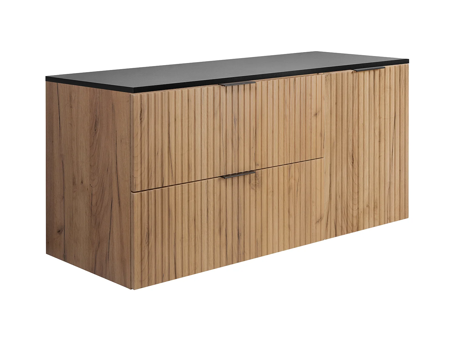 Ensemble de salle de bain : meuble avec tiroirs et meuble avec portes 57×46×120 cm, couleur : Chêne Craft / noir, poignée noire