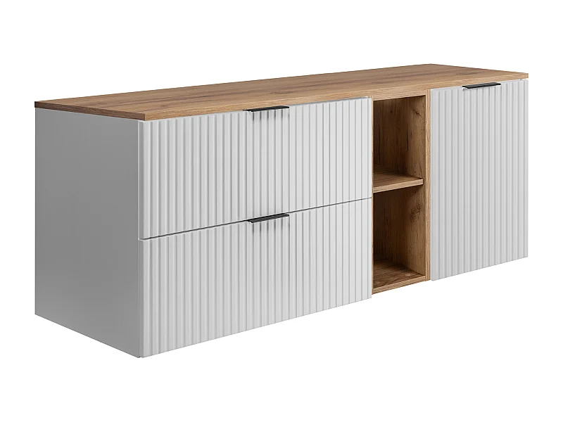 Badezimmer-Set: Schrank mit Schubladen, Schrank mit Türen und Regal 57×46×140 cm, Farbe: Weiß / Eiche Craft, schwarzer Griff