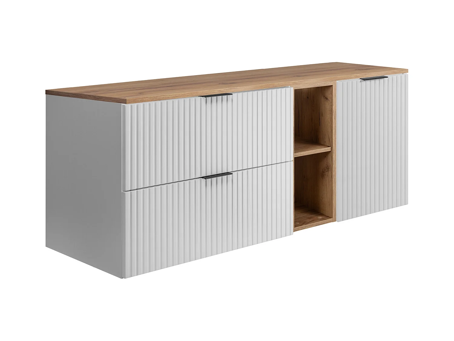 Badezimmer-Set: Schrank mit Schubladen, Schrank mit Türen und Regal 57×46×140 cm, Farbe: Weiß / Eiche Craft, schwarzer Griff