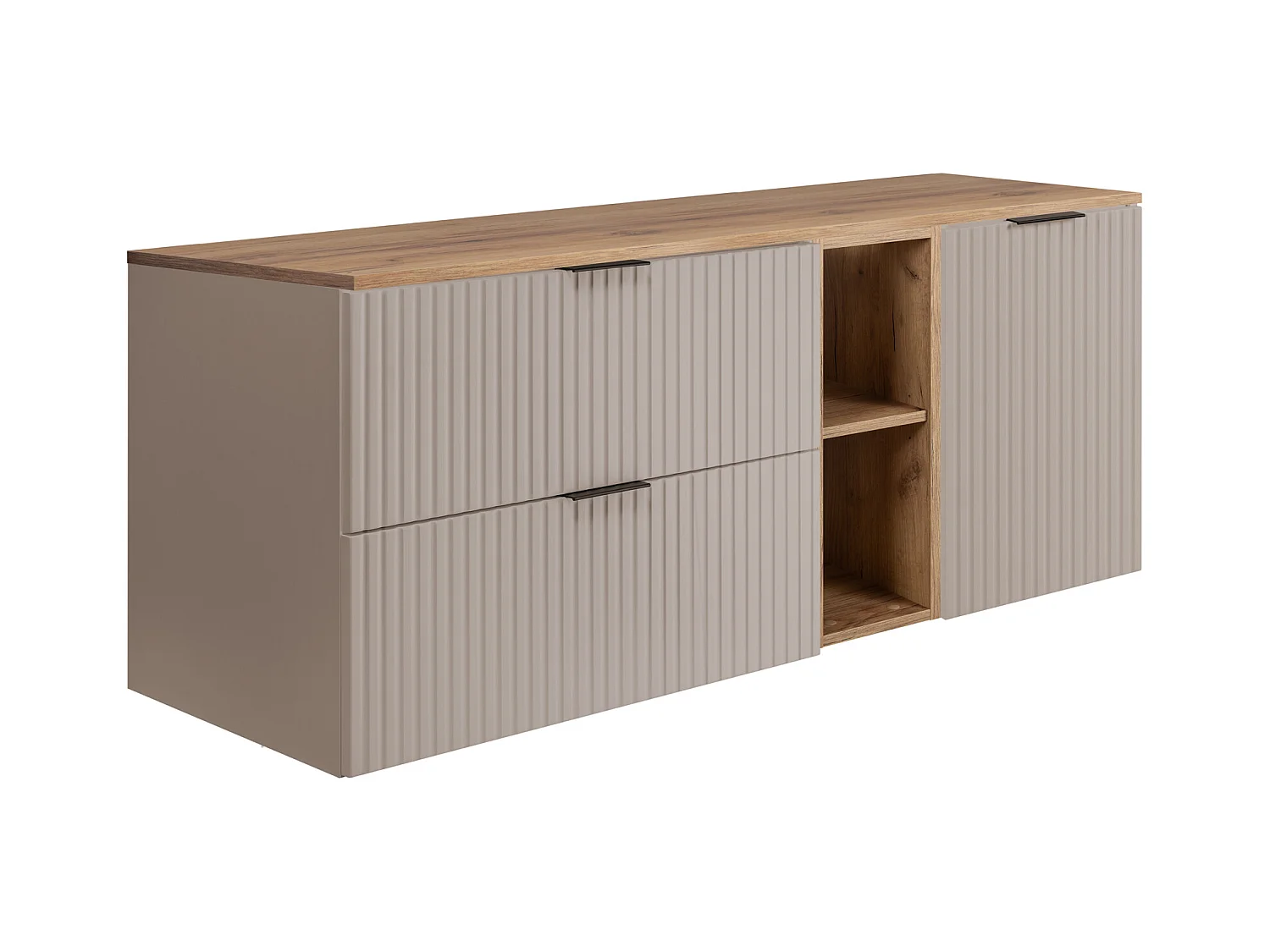 Badezimmer-Set: Schrank mit Schubladen, Schrank mit Türen und Regal 57×46×140 cm, Farbe: Eiche Craft / Cashmere, schwarzer Griff