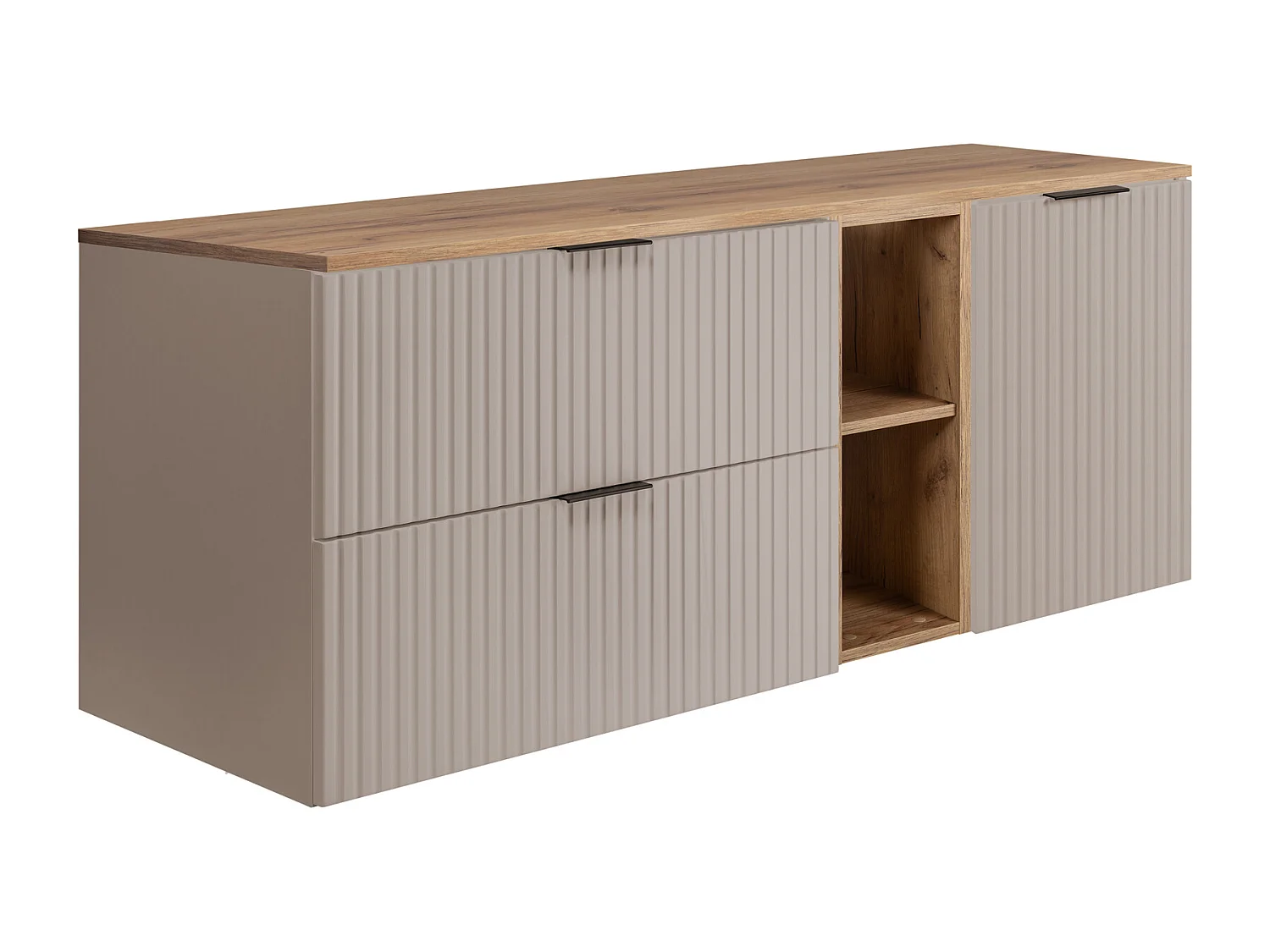 Ensemble de salle de bain : meuble avec tiroirs, meuble avec portes et étagère 57×46×140 cm, couleur : cachemire / Chêne Craft, poignée noire