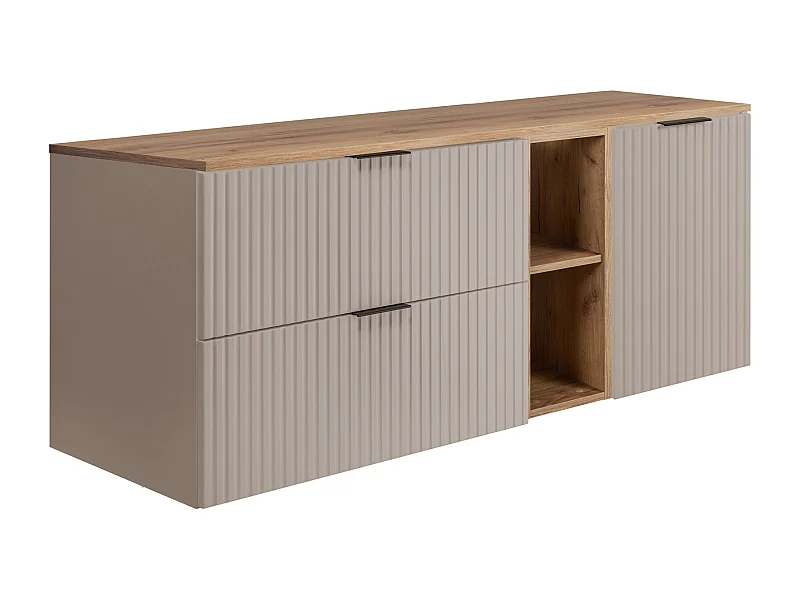 Conjunto de banheiro: armário com gavetas, armário com portas e prateleira 57×46×140 cm, cor: Cashmere / Craft Oak, puxador preto