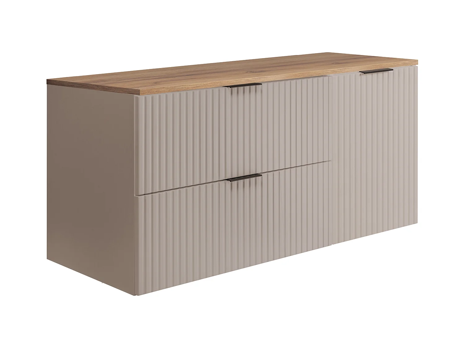 Badezimmer-Set: Schrank mit Schubladen und Schrank mit Türen 57×46×120 cm, Farbe: Kaschmir / Arbeitsplatte Eiche Craft, schwarzer Griff