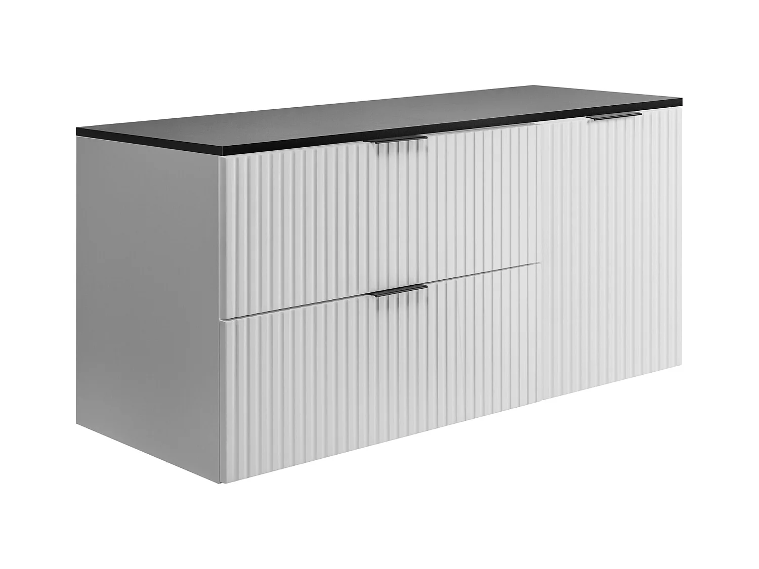 Badezimmer-Set: Schrank mit Schubladen und Schrank mit Türen 57×46×120 cm, Farbe: weiß / schwarze Arbeitsplatte, schwarzer Griff