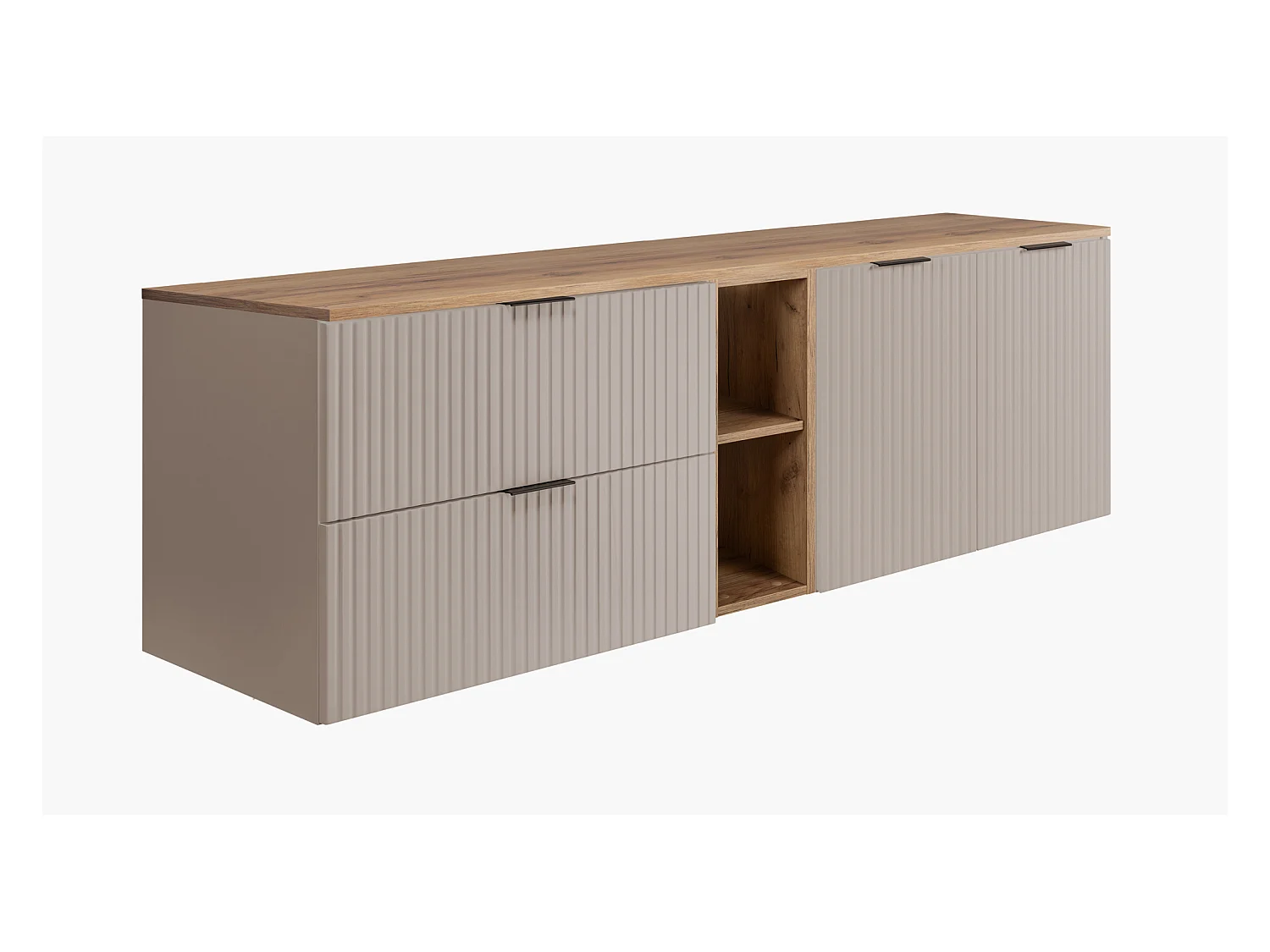 Badezimmer-Set: Schrank mit Schubladen, Schrank mit Türen und Regal 57×46×180 cm, Farbe: Eiche Craft / Cashmere, schwarzer Griff