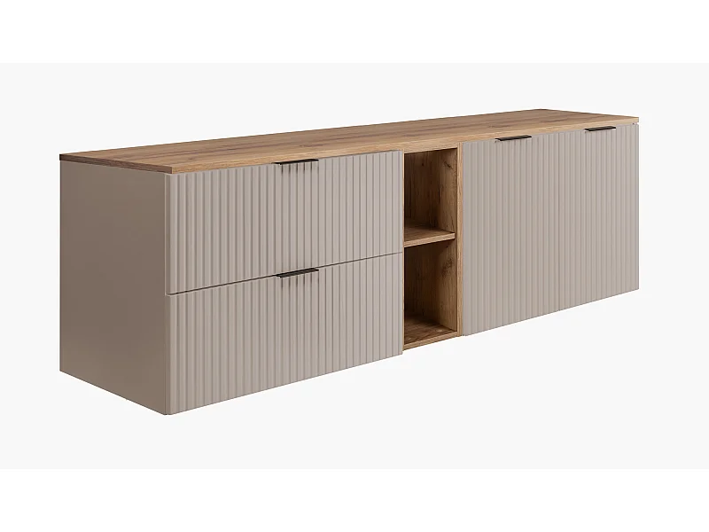 Ensemble de salle de bain : meuble avec tiroirs, meuble avec portes et étagère 57×46×180 cm, couleur :Cashmere / Chêne Craft, poignée noire