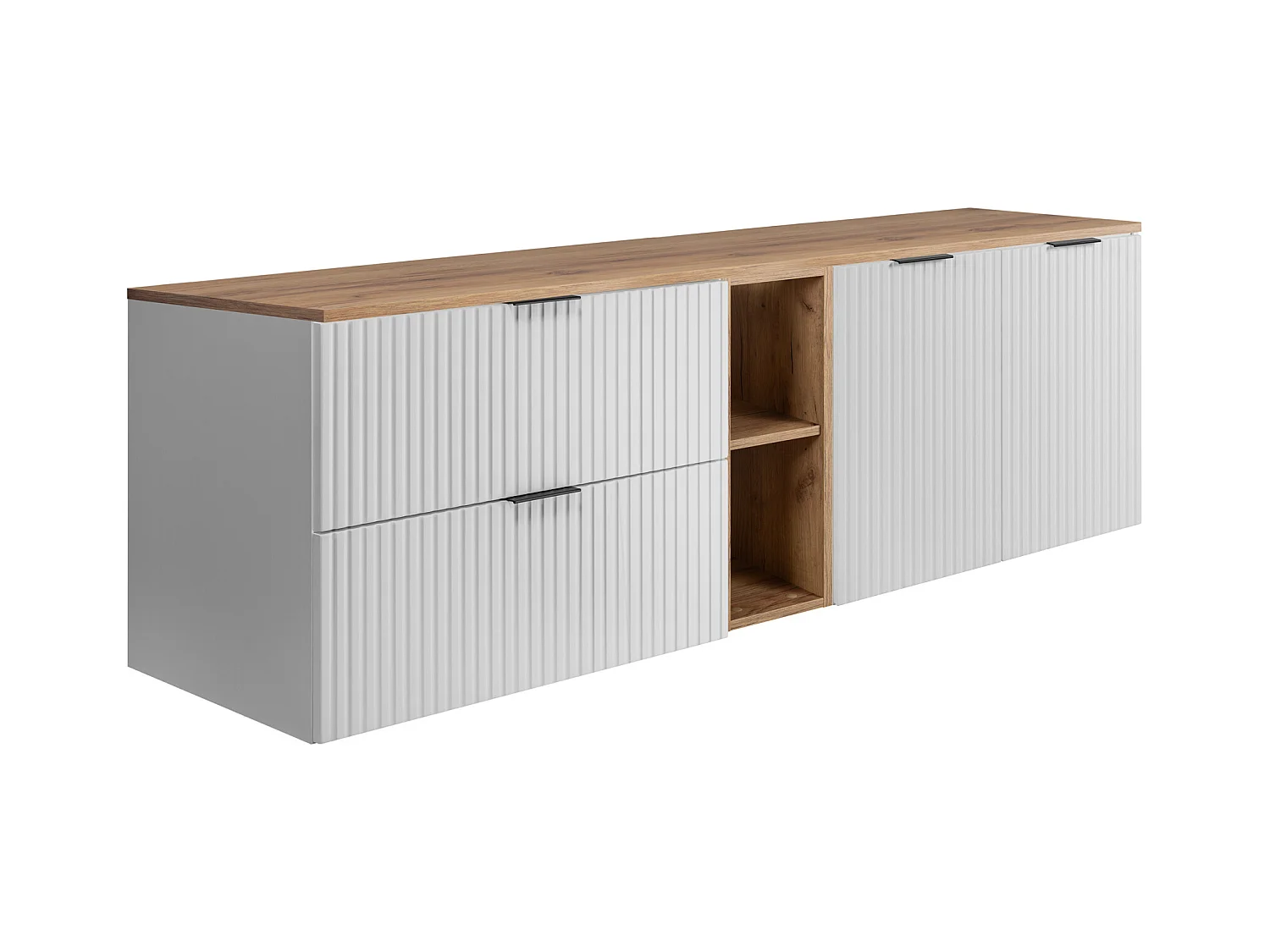 Ensemble de salle de bain : meuble avec tiroirs, meuble avec portes et étagère 57×46×180 cm, couleur : blanc / Chêne Craft, poignée noire