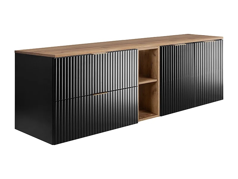 Badezimmer-Set: Schrank mit Schubladen, Schrank mit Türen und Regal 57×46×180 cm, Farbe: Eiche Craft / Schwarz, Griff Gold
