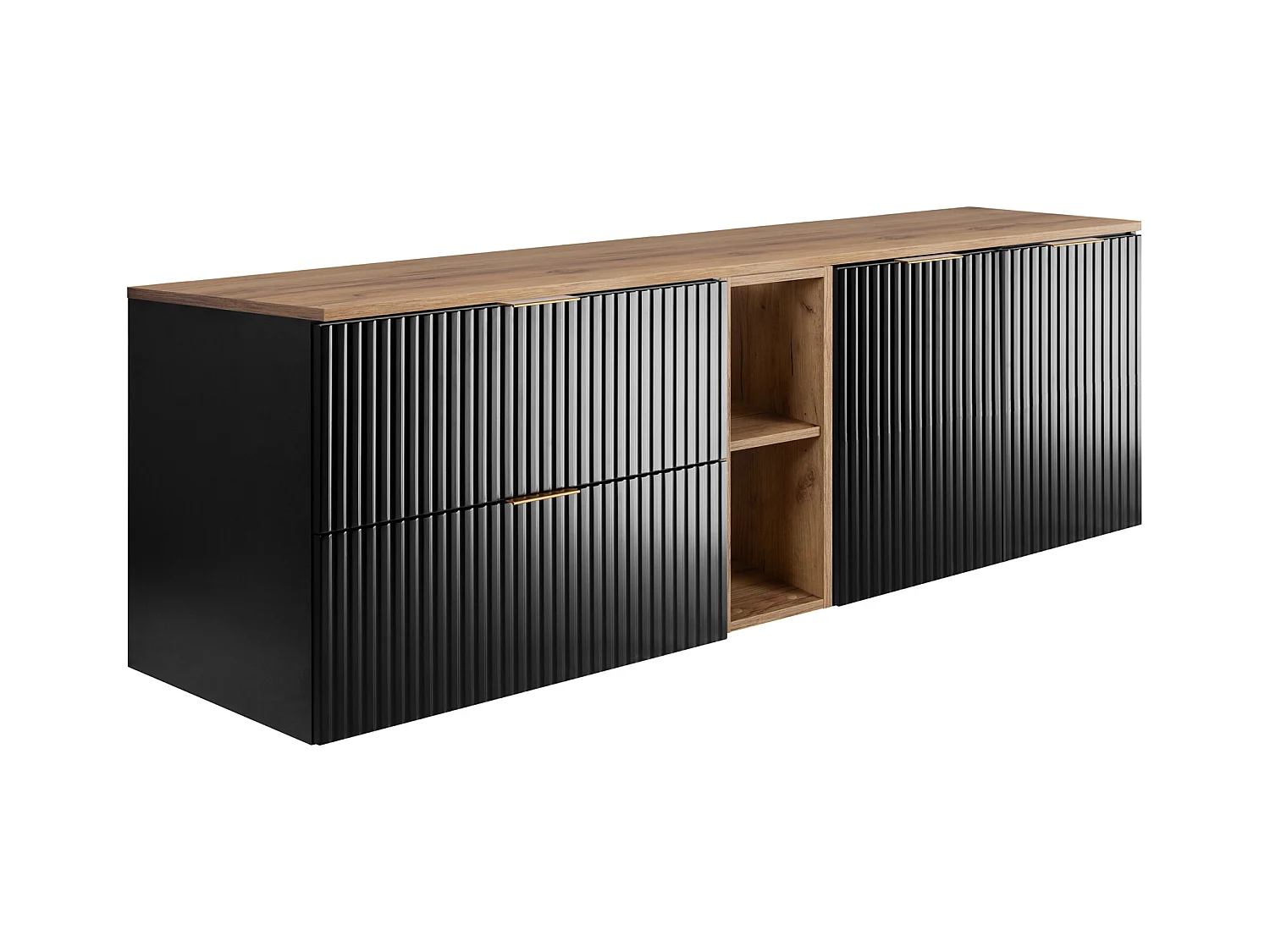 Badezimmer-Set: Schrank mit Schubladen, Schrank mit Türen und Regal 57×46×180 cm, Farbe: Eiche Craft / Schwarz, Griff Gold