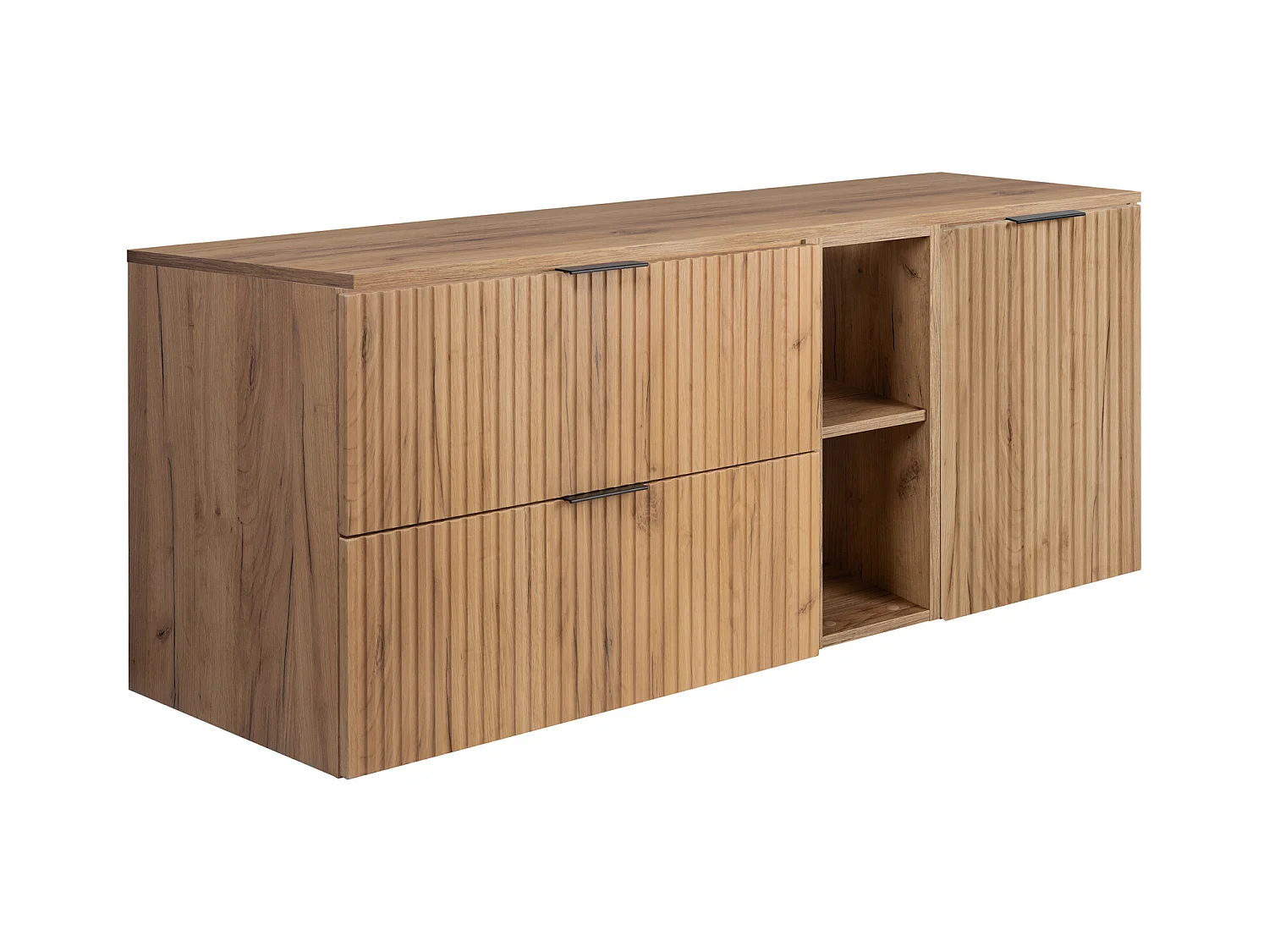 Ensemble de salle de bain : meuble avec tiroirs, meuble avec portes et étagère 57×46×140 cm, couleur : Chêne Craft, poignée noire