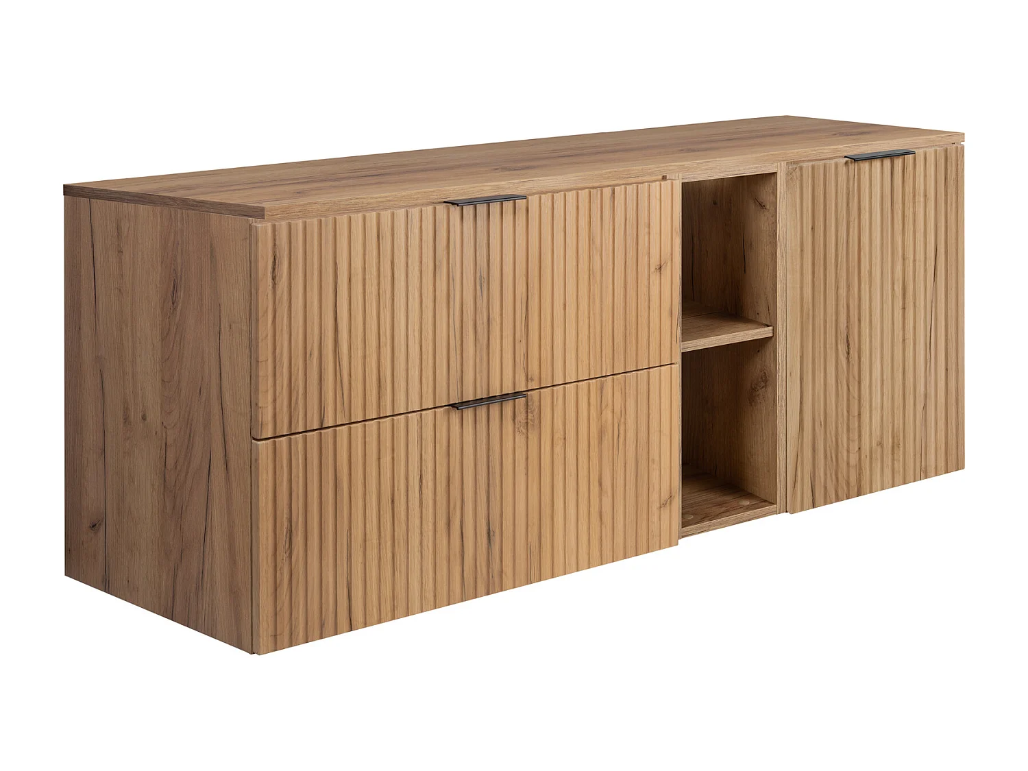 Ensemble de salle de bain : meuble avec tiroirs, meuble avec portes et étagère 57×46×140 cm, couleur : Chêne Craft, poignée noire