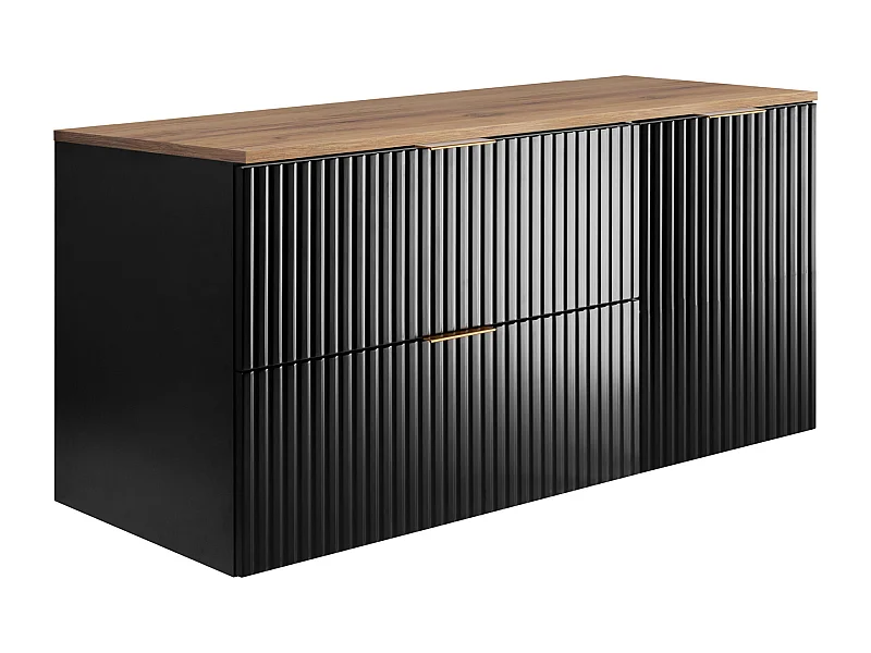Badezimmer-Set: Schrank mit Schubladen und Schrank mit Türen 57×46×120 cm, Farbe: Schwarz / Arbeitsplatte aus Eiche Craft, goldener Griff