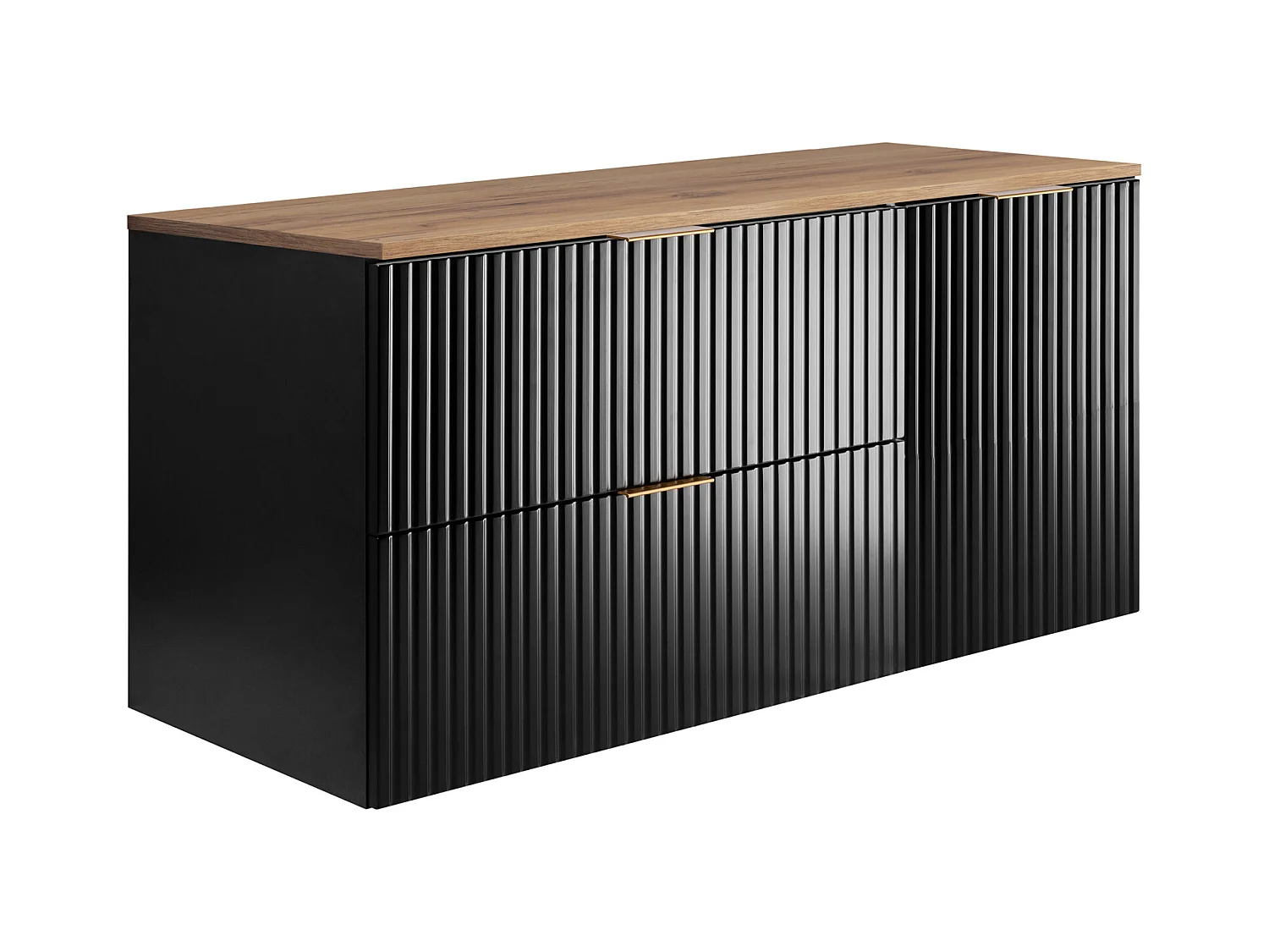Badezimmer-Set: Schrank mit Schubladen und Schrank mit Türen 57×46×120 cm, Farbe: Schwarz / Arbeitsplatte aus Eiche Craft, goldener Griff