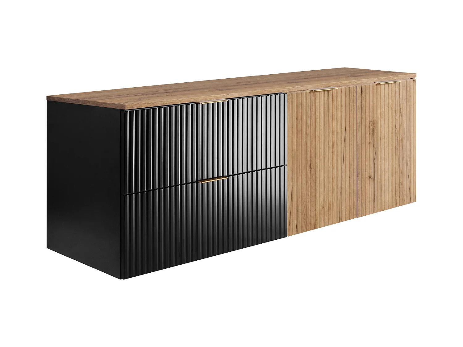 Ensemble de salle de bain : meuble avec tiroirs et meuble avec portes 57×46×160 cm, couleur : noir / Chêne Craft, poignée dorée