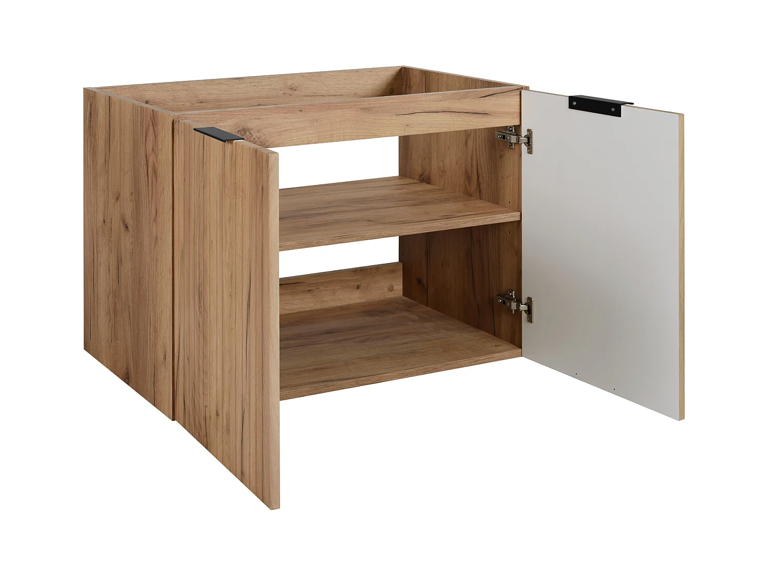 Conjunto de baño: mueble con cajones, mueble con puertas y balda 57×46×180 cm, color: Roble Craft, tirador negro