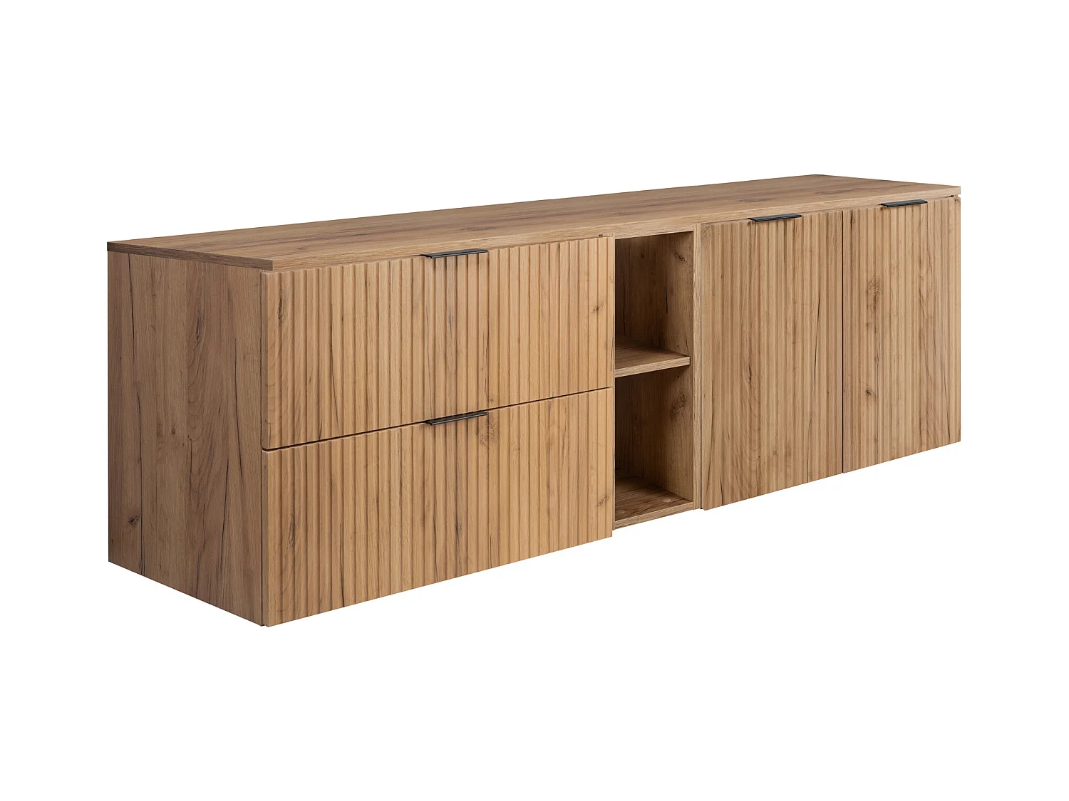 Ensemble de salle de bain : meuble avec tiroirs, meuble avec portes et étagère 57×46×180 cm, couleur : Chêne Craft, poignée noire