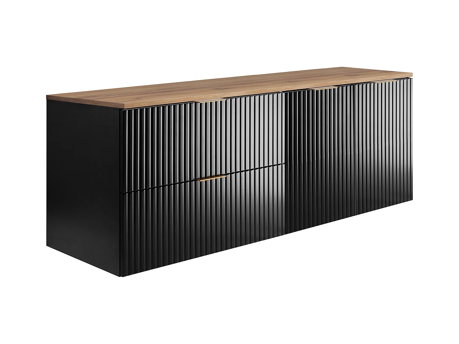 Badezimmer-Set: Schrank mit Schubladen und Schrank mit Türen 57×46×160 cm, Farbe: Schwarz / Arbeitsplatte aus Eiche Craft, goldener Griff