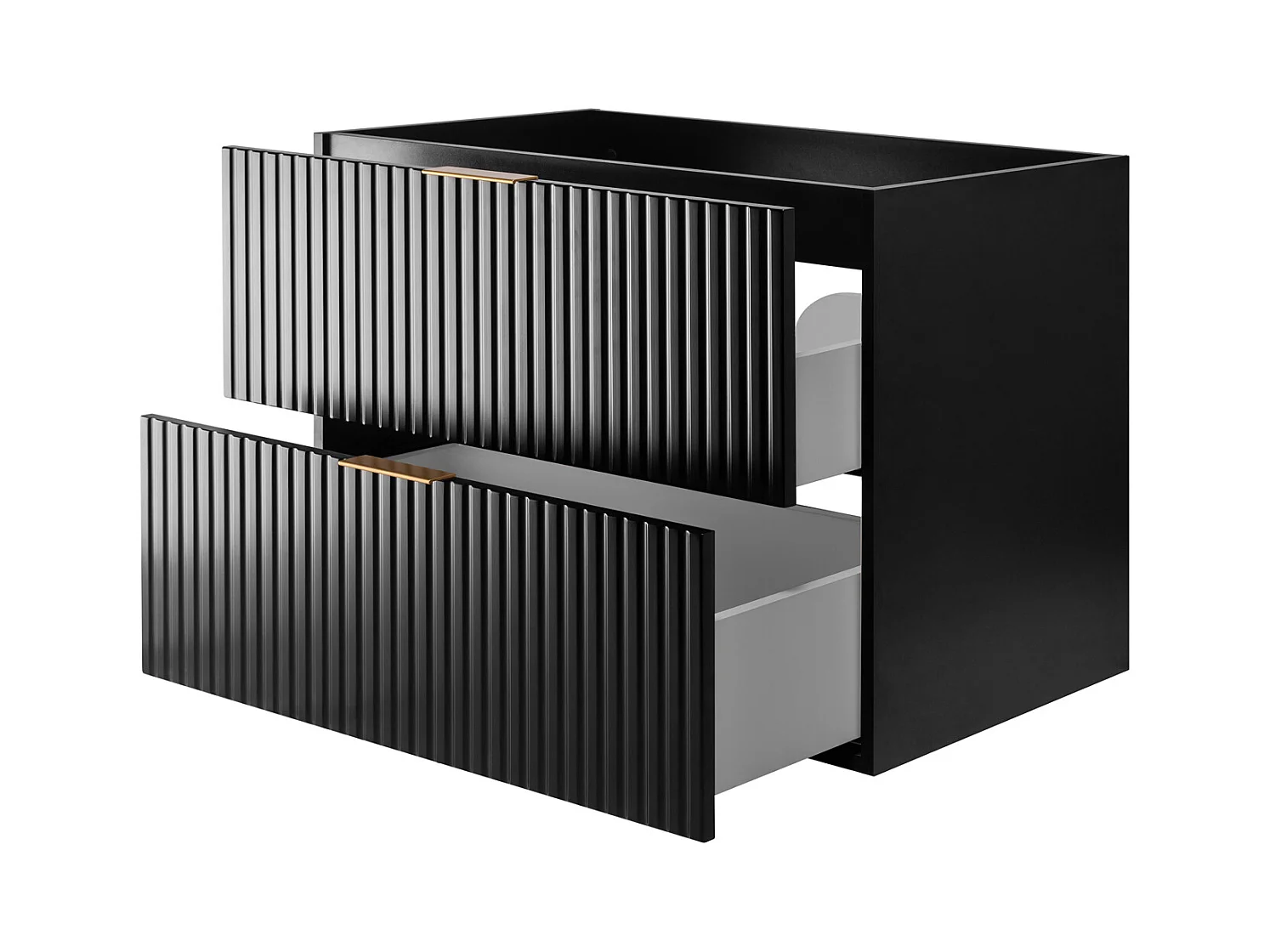 Badezimmer-Set: Schrank mit Schubladen und Schrank mit Türen 57×46×160 cm, Farbe: Schwarz / Arbeitsplatte aus Eiche Craft, goldener Griff