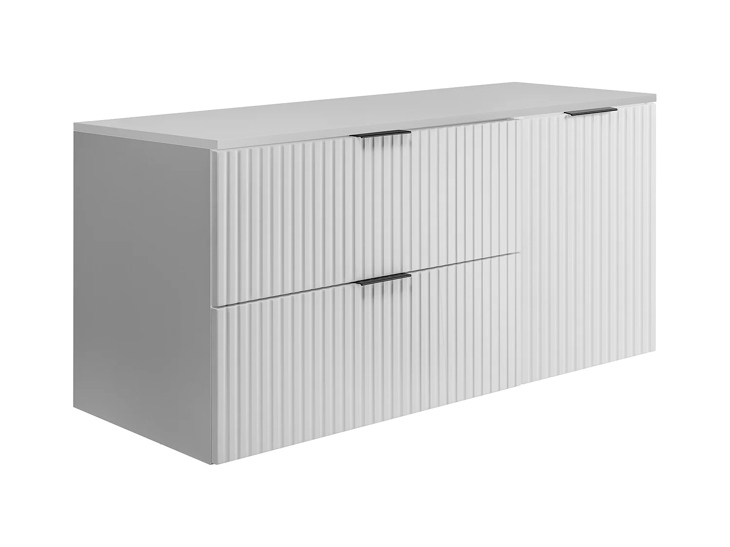 Badezimmer-Set: Schrank mit Schubladen und Schrank mit Türen 57×46×120 cm, Farbe: weiß / weiße Arbeitsplatte, schwarzer Griff