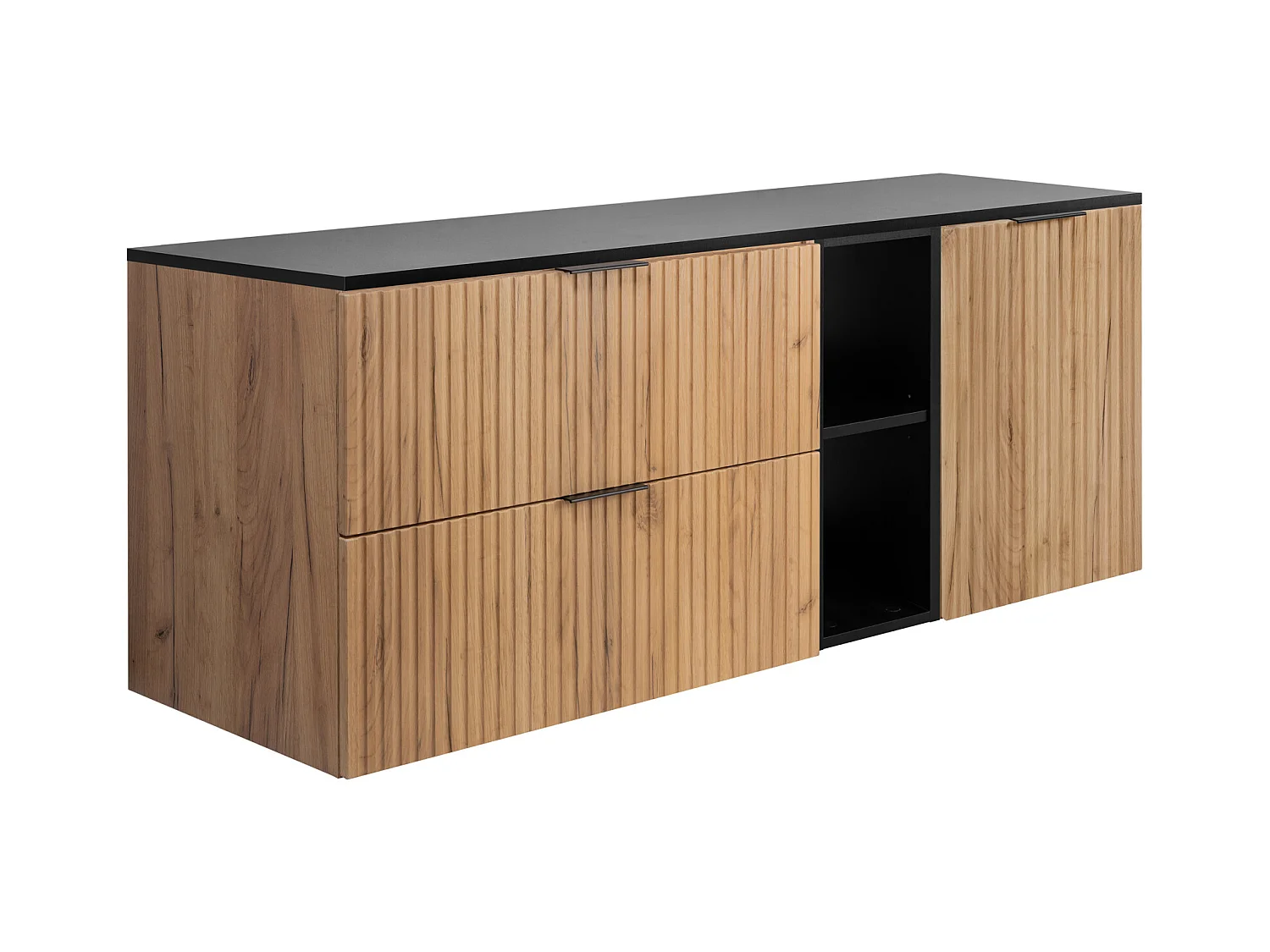 Ensemble de salle de bain : meuble avec tiroirs, meuble avec portes et étagère 57×46×140 cm, couleur : Chêne Craft / noir, poignée noire