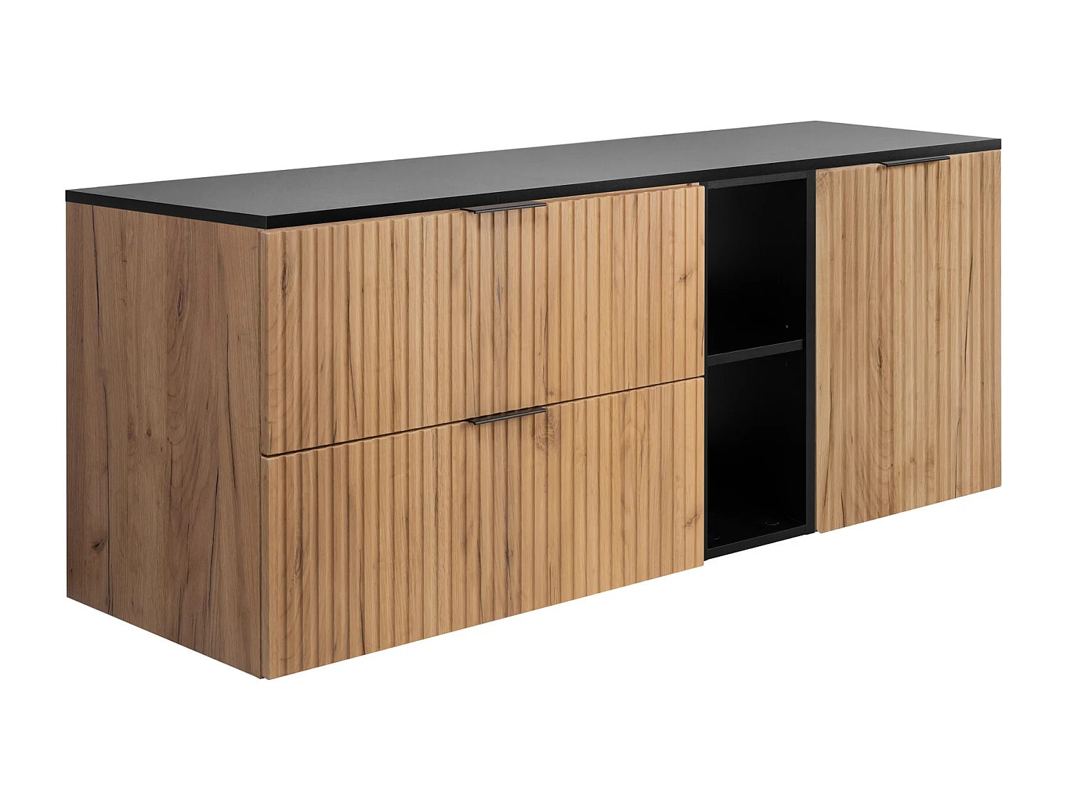 Ensemble de salle de bain : meuble avec tiroirs, meuble avec portes et étagère 57×46×140 cm, couleur : Chêne Craft / noir, poignée noire