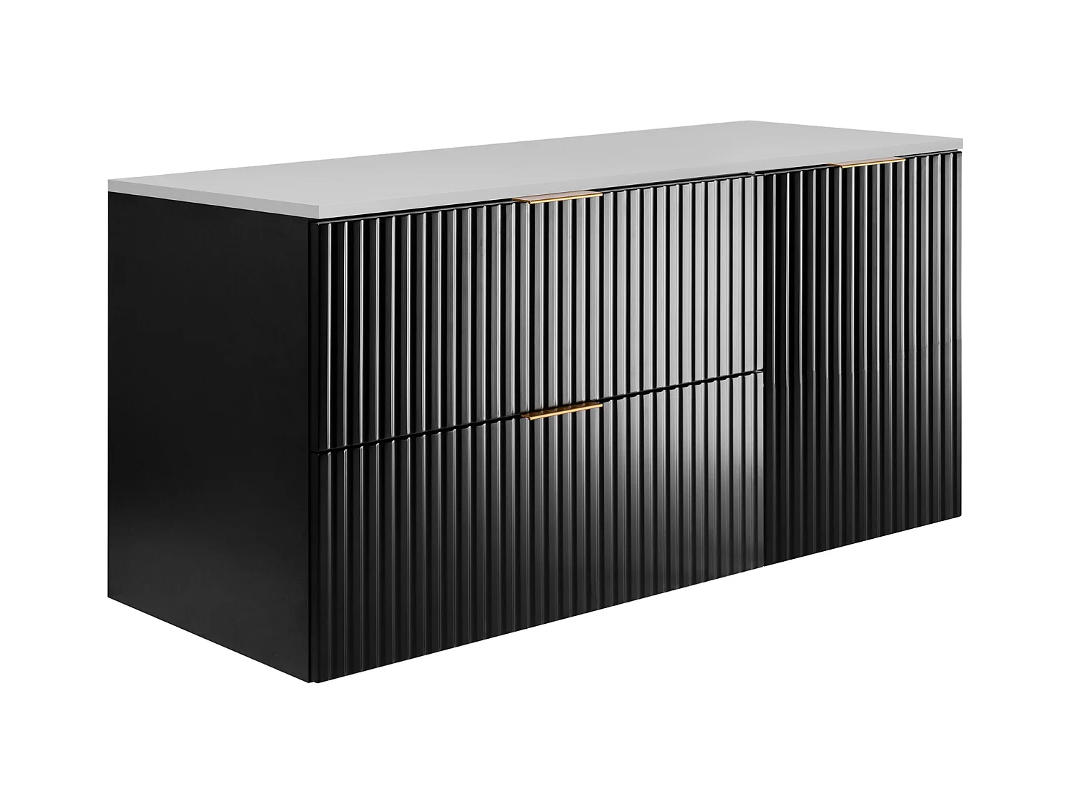 Badezimmer-Set: Schrank mit Schubladen und Schrank mit Türen 57×46×120 cm, Farbe: schwarz / weiße Arbeitsplatte, goldener Griff