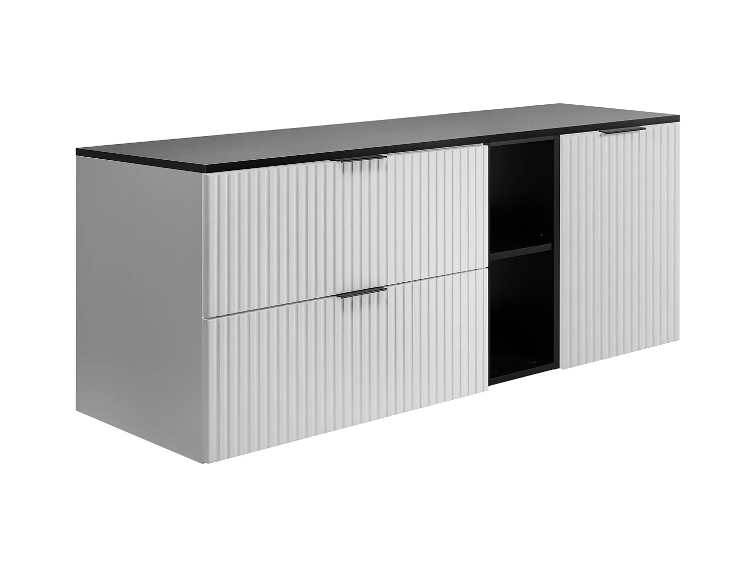 Ensemble de salle de bain : meuble avec tiroirs, meuble avec portes et étagère 57×46×140 cm, couleur : blanc / noir, poignée noire