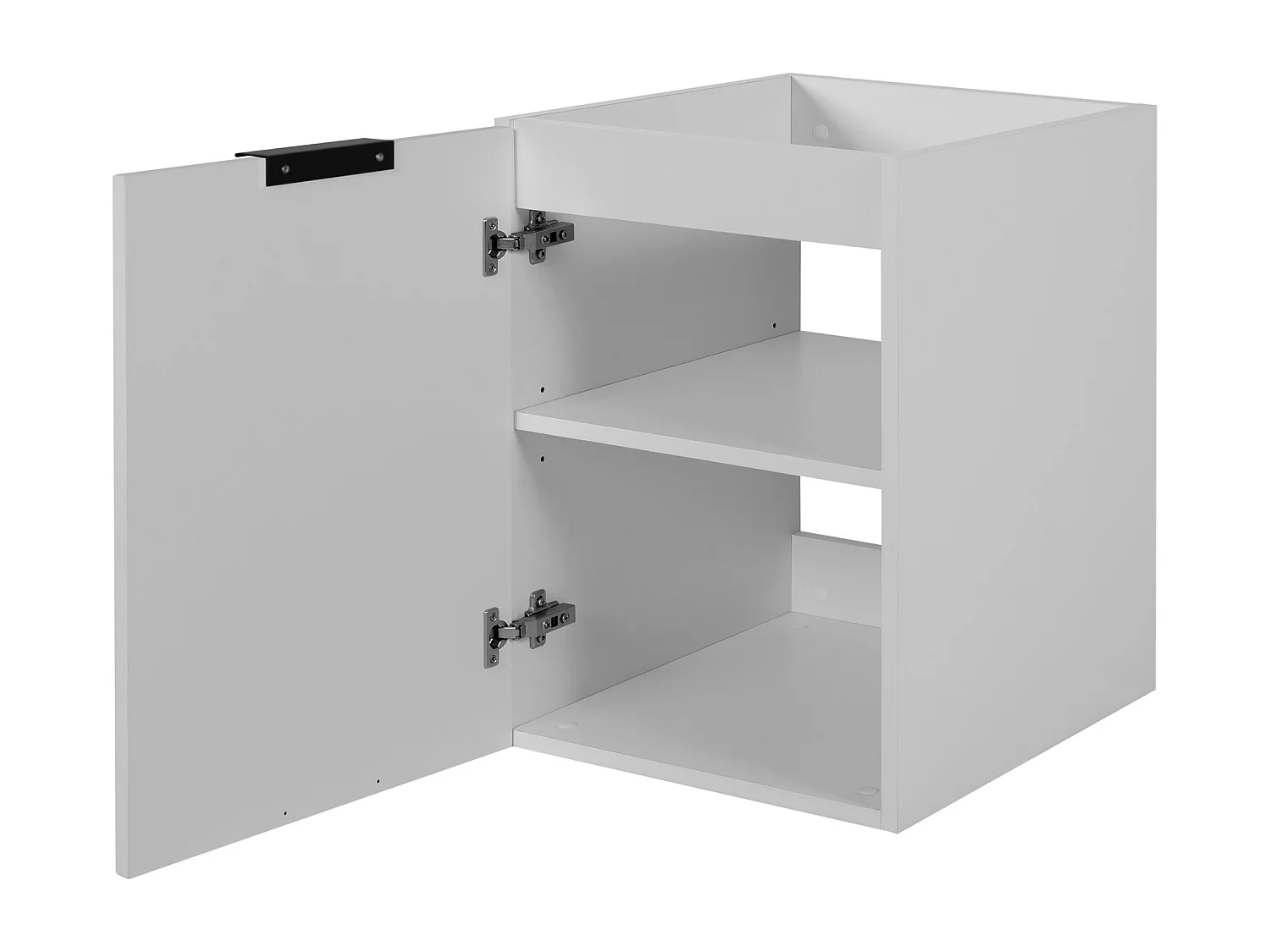 Ensemble de salle de bain : meuble avec tiroirs, meuble avec portes et étagère 57×46×140 cm, couleur : blanc / noir, poignée noire