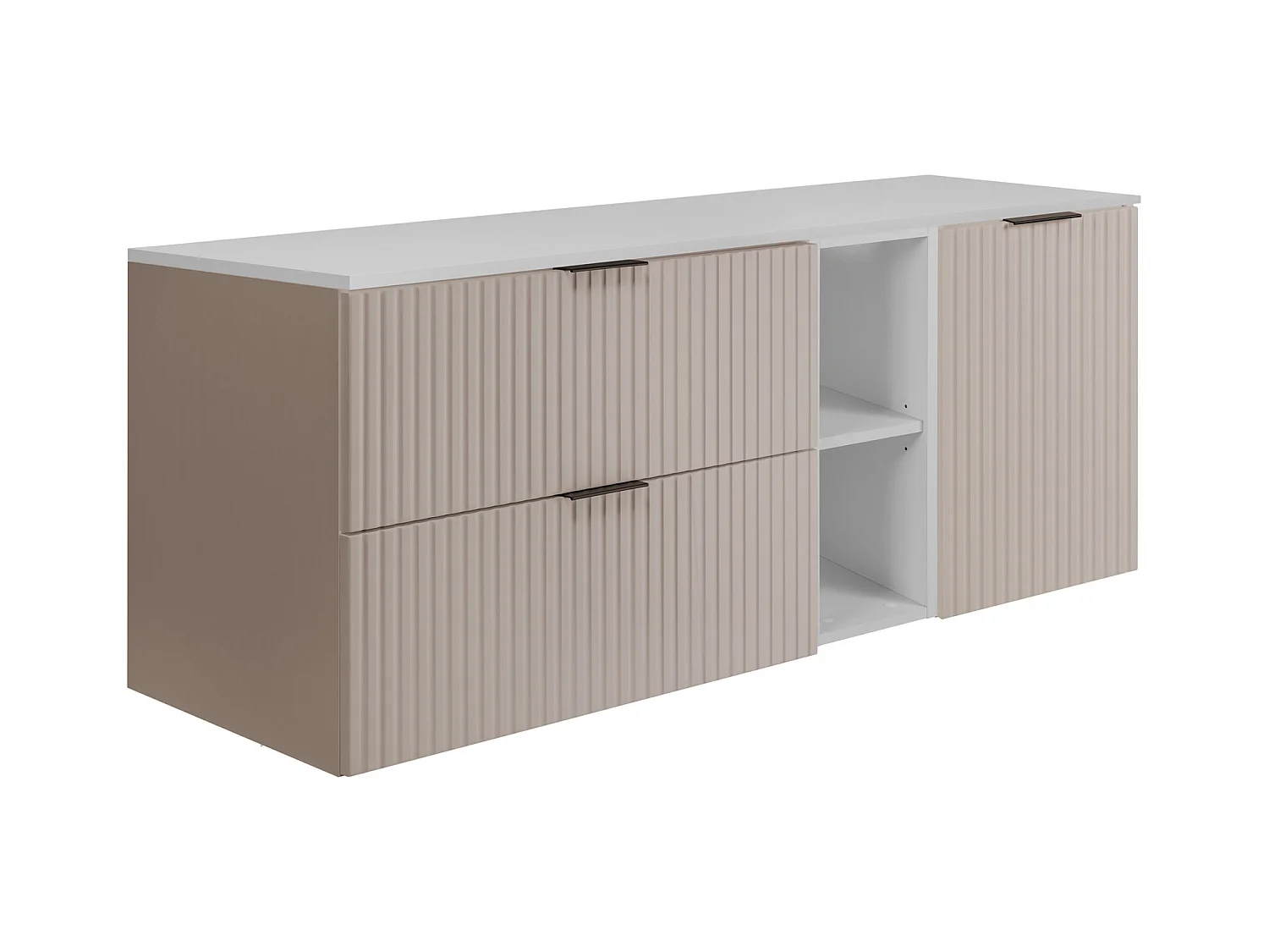Badezimmer-Set: Schrank mit Schubladen, Schrank mit Türen und Regal 57×46×140 cm, Farbe: Weiß/Kaschmir, schwarzer Griff