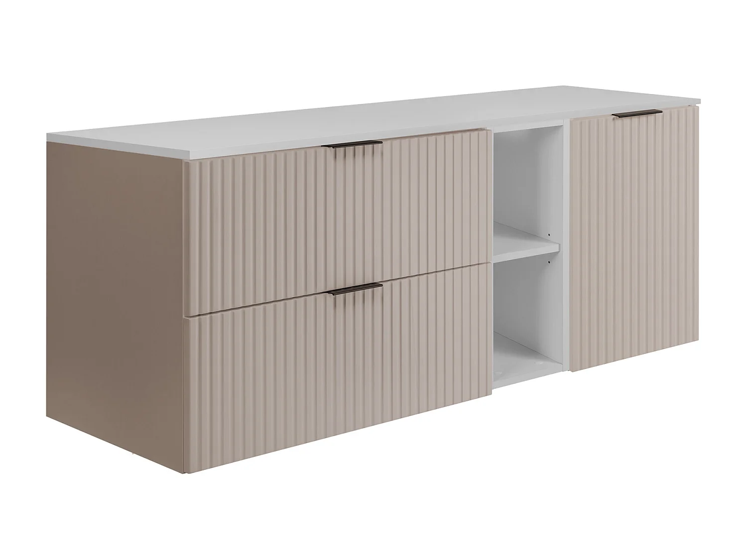 Ensemble de salle de bain : meuble avec tiroirs, meuble avec portes et étagère 57×46×140 cm, couleur : cachemire / blanc, poignée noire