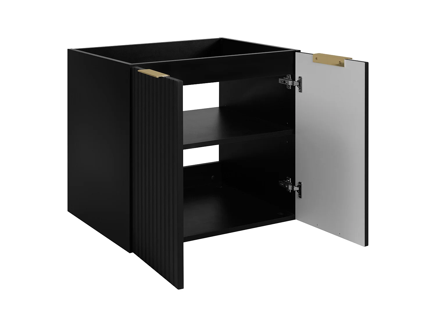 Badezimmer-Set: Schrank mit Schubladen und Schrank mit Türen 57×46×160 cm, Farbe: schwarz / schwarze Arbeitsplatte, goldener Griff