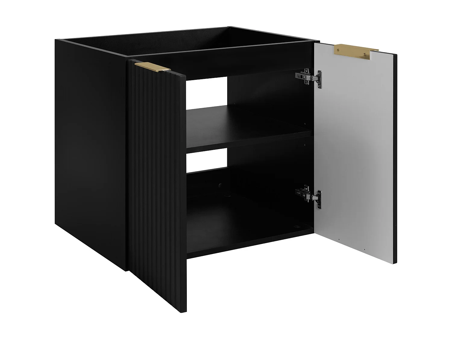 Badezimmer-Set: Schrank mit Schubladen und Schrank mit Türen 57×46×160 cm, Farbe: schwarz / schwarze Arbeitsplatte, goldener Griff
