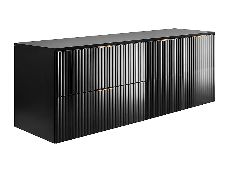 Badezimmer-Set: Schrank mit Schubladen und Schrank mit Türen 57×46×160 cm, Farbe: schwarz / schwarze Arbeitsplatte, goldener Griff