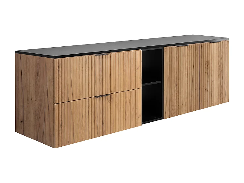 Ensemble de salle de bain : meuble avec tiroirs, meuble avec portes et étagère 57×46×180 cm, couleur : Chêne Craft / noir, poignée noire