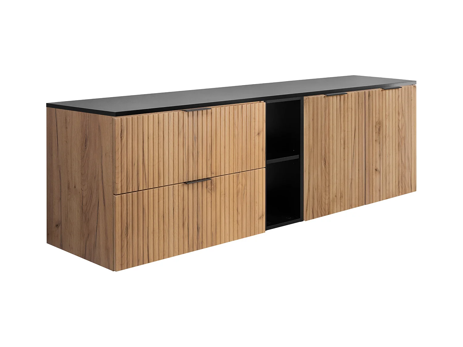 Ensemble de salle de bain : meuble avec tiroirs, meuble avec portes et étagère 57×46×180 cm, couleur : Chêne Craft / noir, poignée noire